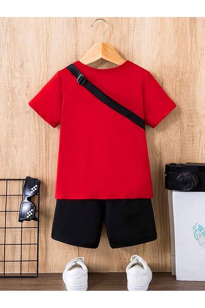 DUBU BUTİK Smiling Face Cotton Kids Set - Red T-shirt and Black Shorts, Crew Neck