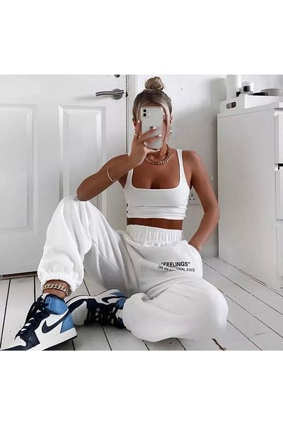 DUBU BUTİK Feelings Sweatpants Jogger - Λευκό εμπριμέ λαστιχένιο πόδι ψηλόμεσο