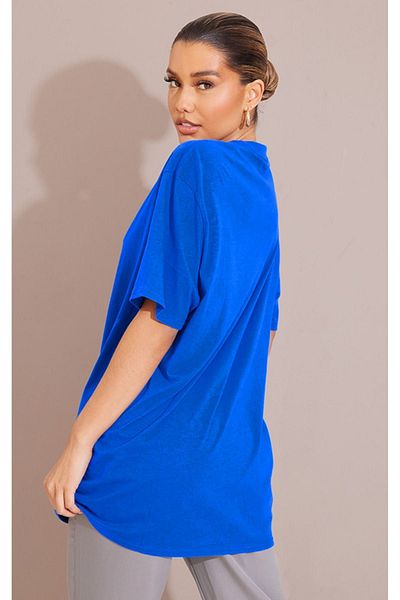 DUBU BUTİK Tričko s jednoduchým jednoduchým tričkem - Sax Blue Oversize Crew Krátký rukáv