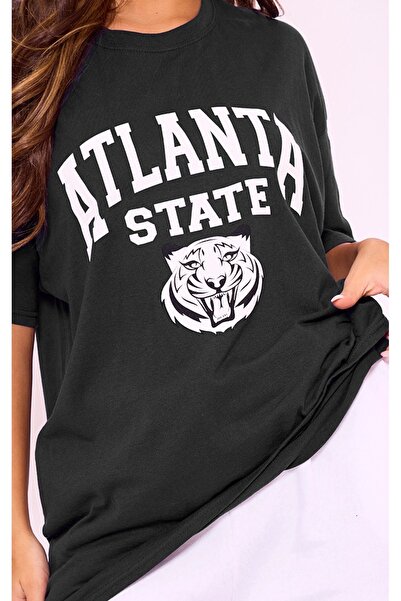 DUBU BUTİK T-Shirt - Μαύρο εμπριμέ κοντομάνικο μπλουζάκι με λαιμόκοψη