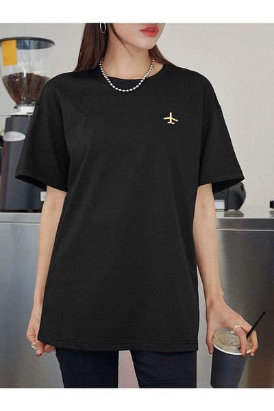 CLAYES Μαύρο μπλουζάκι Oversize με λογότυπο αεροπλάνου