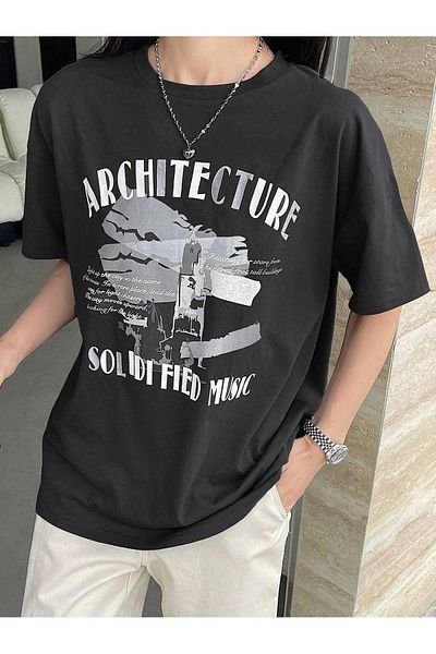 DUBU BUTİK Architecture Single Jersey T-Shirt - Smoke Printed Oversize Crew Neck Short Sleeve T-Shirt ARTCTR
