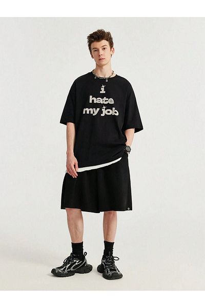 VBSVİBES Black Oversize 'I Hate Printed' T-Shirt