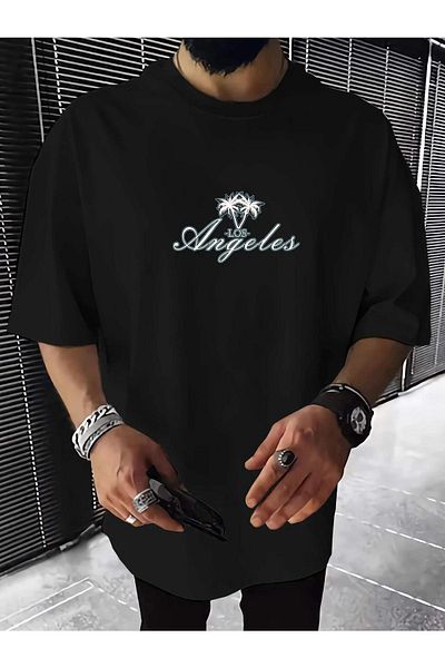 VBSVİBES Tricou tricotat unisex negru oversiz Palm Los Angeles imprimat