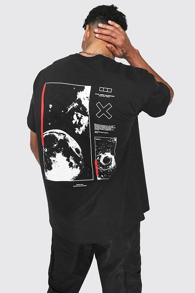DUBU BUTİK Space X Single Jersey T-Shirt - Black Printed Oversize Crew Neck Short Sleeve T-Shirt