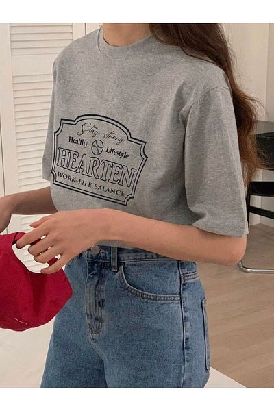 DUBU BUTİK Μπλουζάκι Hearten Single Jersey - Μπλουζάκι με κοντό μανίκι με γκρι στάμπα oversize με λαιμόκοψη