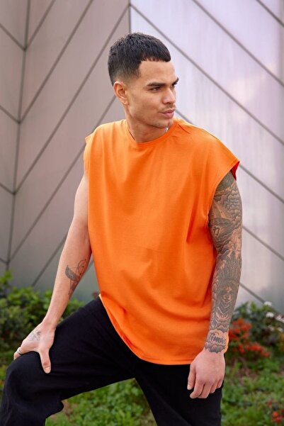 DUBU BUTİK Orange Fakir Athlete Sleeveless T-Shirt - Crew Neck