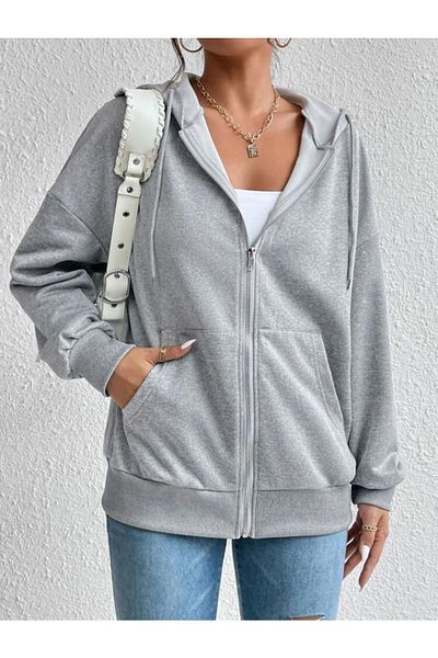 DUBU BUTİK Basic Plain Cardigan - Gray Oversize Hooded