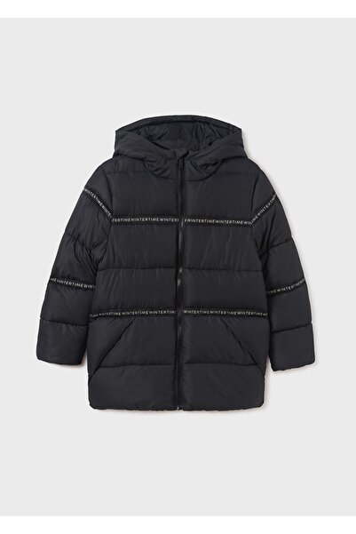 MAYORAL Erkek Çocuk Yazı Detaylı Beli Lastikli Uzun Kışlık Mont 7432 Siyah