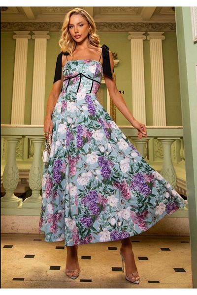 BRGCLOTHING Rochie lungă florală cu căptușeală cu design premium, cu cravată cu fundă pe umăr