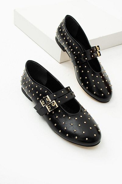 diclepolat Belinda Black Patterned Patent Leather Troc Detailed Flat Sole Women's Ballerinas