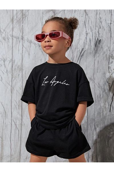 CLAYES Los Angeles Printed Children's Set - Black Cotton, Crew Neck Summer T-shirt and Shorts