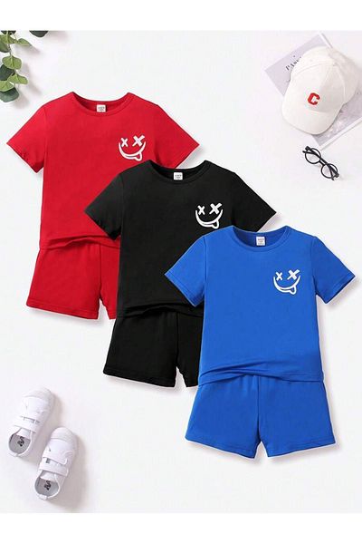 DUBU BUTİK Smiling Face Cotton 3-Piece Children's Set T-Shirt Shorts- Red Black Blue Print Children's Summer Crew Neck