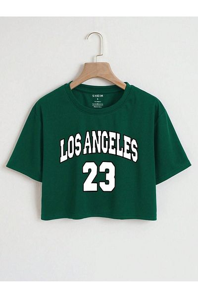 DUBU BUTİK Los Angeles 23 Crop - Nefti Green Printed Oversize Crew Neck