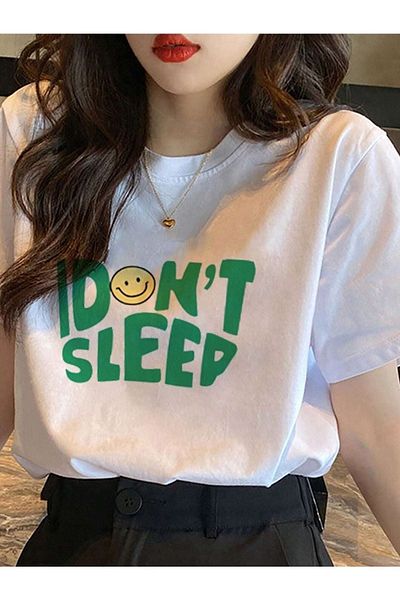 VBSVİBES Unisex Λευκό Oversize I Dont Sleep εμπριμέ πλεκτό μπλουζάκι