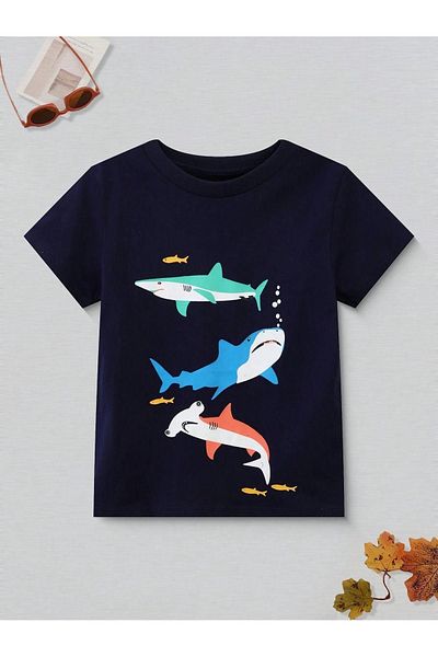CLAYES Sharks Cotton Children's T-Shirt - Black Printed Girls' Boys' Summer Crew Neck T-Shirt