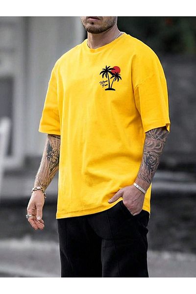 CLAYES Hve Fun Palm Single Jersey T-Shirt - Κίτρινο εμπριμέ, υπερμεγέθη λαιμόκοψη