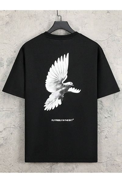 CLAYES Pigeon Single Jersey T-Shirt - Black Printed Oversize Crew Neck Short Sleeve T-Shirt