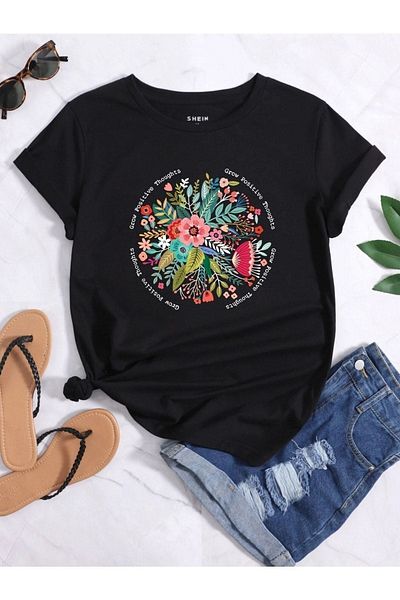 VBSVİBES Unisex Black Oversize Grow Flowers Printed Knitted T-shirt