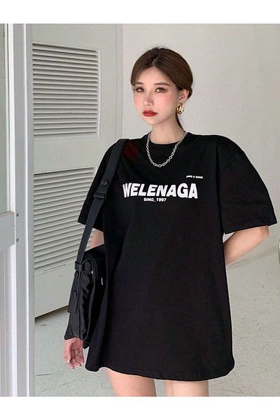 CLAYES Μπλουζάκι Welena Oversize - Μαύρο εμπριμέ, λαιμόκοψη, κοντό μανίκι
