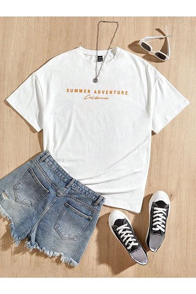 VBSVİBES Unisex Λευκό Oversize Καλοκαιρινό εμπριμέ πλεκτό μπλουζάκι