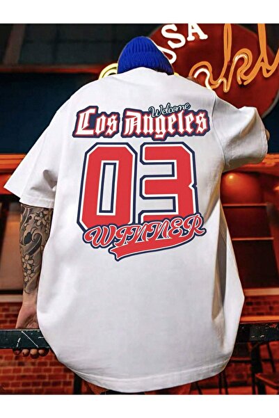 VBSVİBES Унисекс бяла плетена тениска с щампа Los Angeles 03