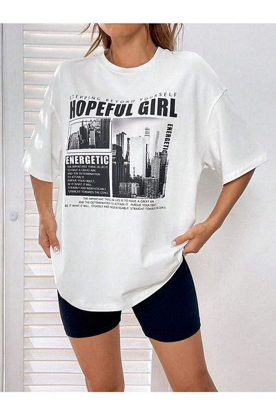 CLAYES Tricou alb oversize pentru fată speranta cu ochelari - decolteu, mânecă scurtă