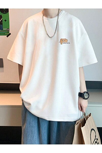 VBSVİBES Πλεκτό μπλουζάκι Unisex White Oversize Super Polite Bear με στάμπα