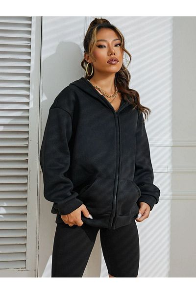 CLAYES Basic Plain Cardigan - Black Oversize Hooded
