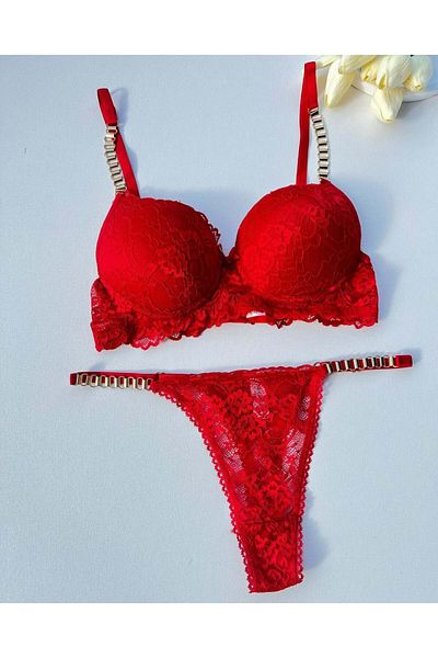 Beyaz Gelincik Underwear Women's Red Lace Chain Detailed Underwire Supported Padded Bra Set Underwear Set
