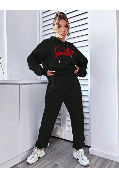 CLAYES Smile Sweatpants Set Sweatshirt Jogger - Μαύρη στάμπα Oversize Raised Hooded