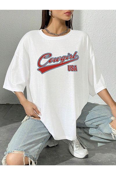 VBSVİBES Πλεκτό μπλουζάκι Unisex Λευκό Oversize Cowgril με στάμπα