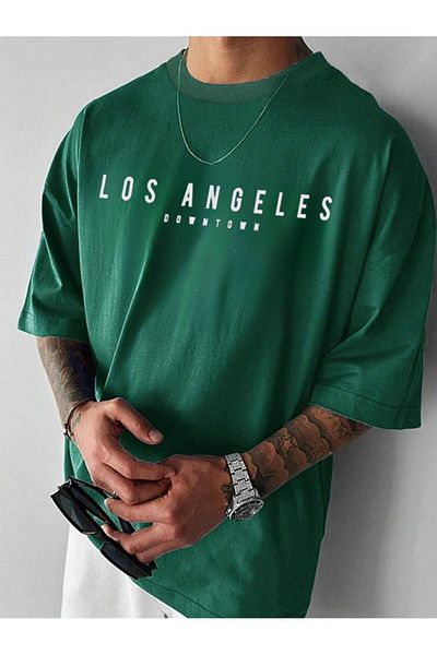 DUBU BUTİK Μπλουζάκι με μονό ζέρσεϊ Los Angeles Downtown - Μπλουζάκι με κοντό μανίκι με λαιμόκοψη με πράσινη στάμπα