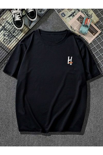 VBSVİBES Tricou negru oversize pentru bărbați, tricotat cu imprimeu H Heart