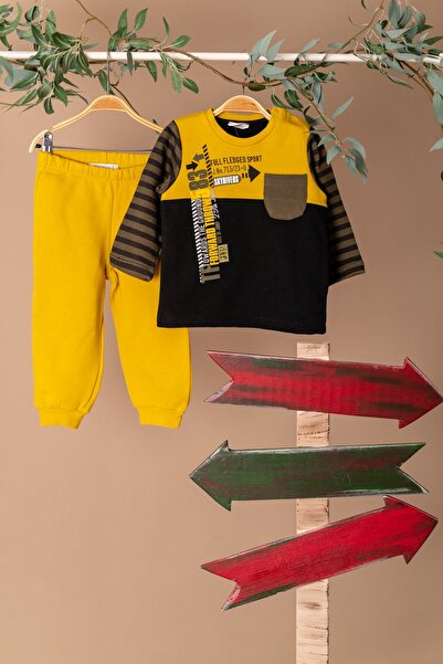 Zeyland Erkek Bebek Kolları Çizgili Sweatshirt ve Eşofman Altı Takım (6ay-4yaş)