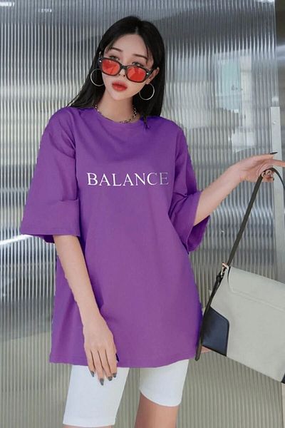 CLAYES Μωβ εμπριμέ Balance Written Oversize T-Shirt - Crew Neck, κοντό μανίκι