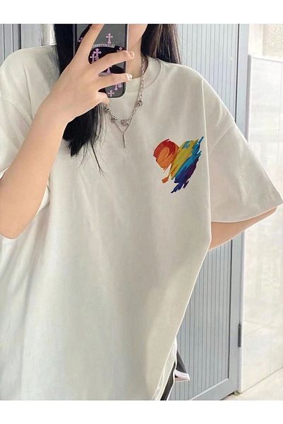 VBSVİBES Πλεκτό μπλουζάκι Unisex Λευκό Oversize με μοτίβο καρδιάς