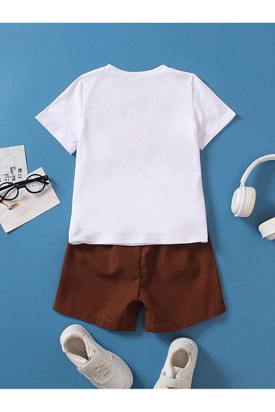 DUBU BUTİK Vintage Cotton Kids Set - White T-shirt and Coffee Shorts - Crew Neck