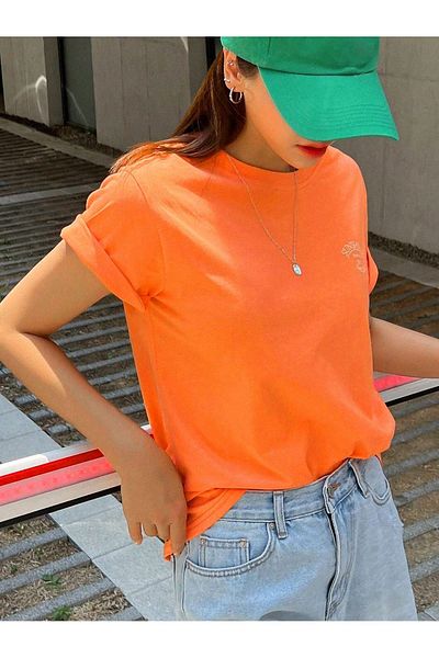 DUBU BUTİK Sunshine 1982 Single Jersey - Orange Oversize T-Shirt, Crew Neck