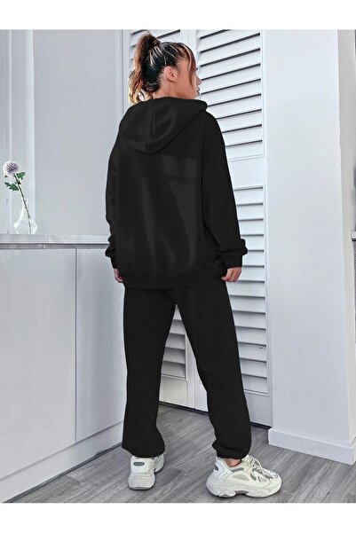 CLAYES Happiness Tracksuit Set Sweatshirt Jogger - Black Printed Oversize Hooded