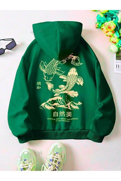 DUBU BUTİK Φούτερ Nefti Green Fish Printed Hooded - Oversize Unisex Χοντρό Χειμώνα