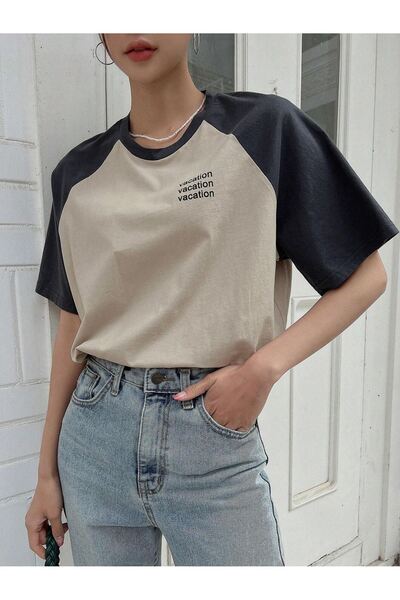 DUBU BUTİK Vocation Piece Single Jersey T-shirt - Beige Smoke printed Oversize Crew Neck κοντομάνικο T-shirt