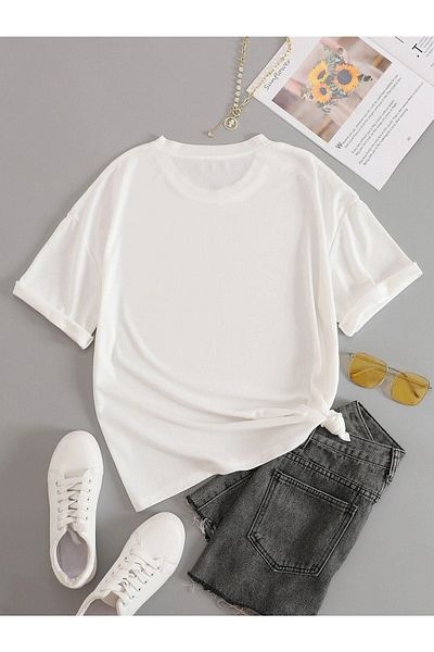 VBSVİBES Λευκό Oversize Holiday εμπριμέ πλεκτό μπλουζάκι
