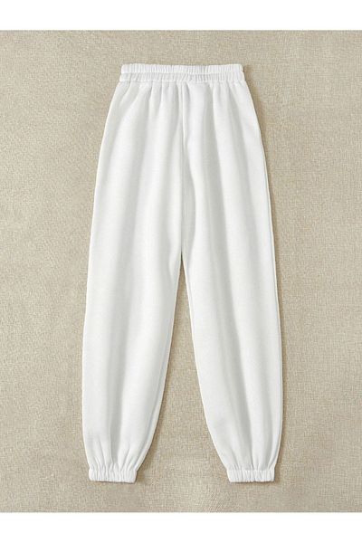 DUBU BUTİK Basic Straight Sweatpants Jogger - White Rubber Leg High Waist