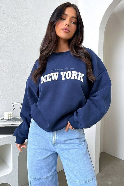 CLAYES Hanorac Thatsofetch New York - Bleumarin oversize cu decolteu rotund imprimat