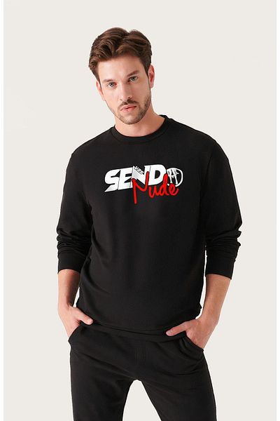 VBSVİBES Unisex Oversize Send Nudes Printed Crew Neck Black Sweatshirt
