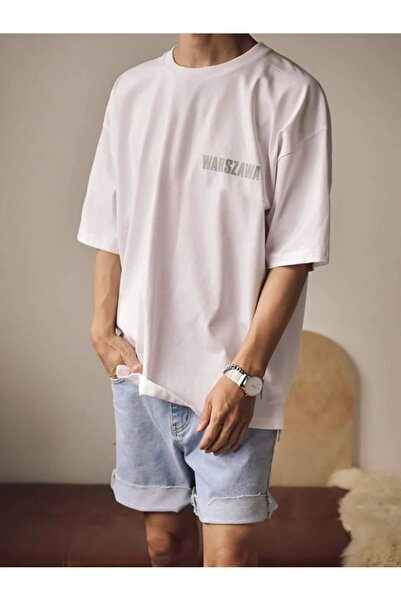 VBSVİBES Мъжка бяла тениска с щампа Warszawa, голям размер