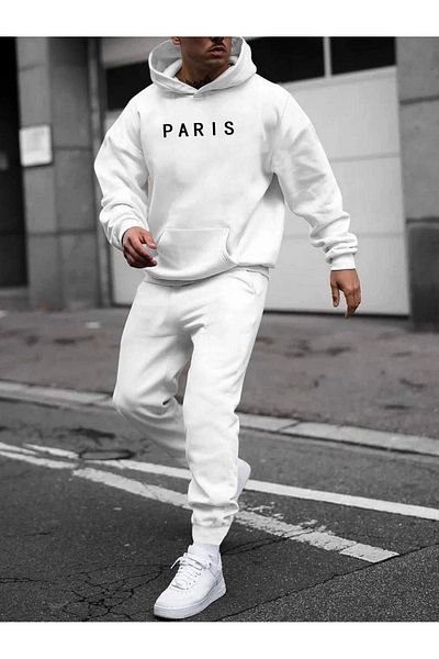 DUBU BUTİK Σετ καλοκαιρινής αθλητικής φόρμας Paris Φούτερ Jogger -Λευκή στάμπα Oversize Raster Hooded