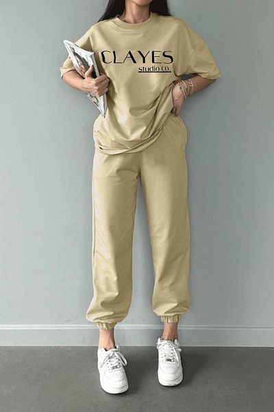 CLAYES BEigE T-shirt και SwEatpants Set - Studio Co PrintEd, Oversize, CrEw NEck