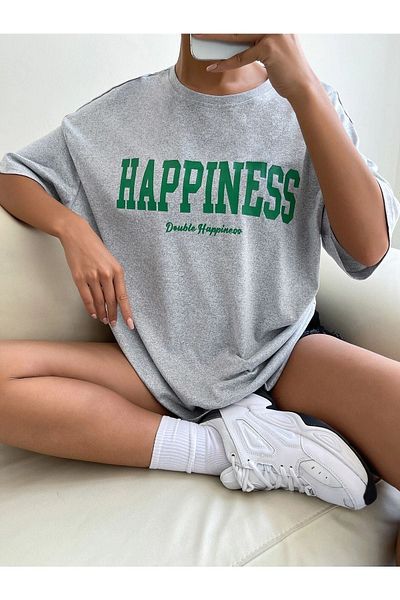 VBSVİBES Tricou tricotat unisex gri oversize Happiness imprimat